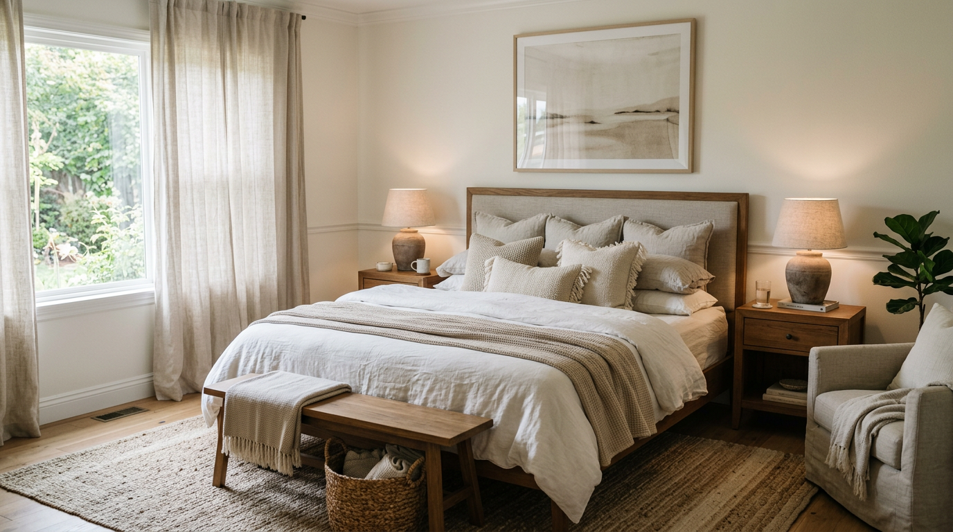 Cozy winter bedroom with warm textiles