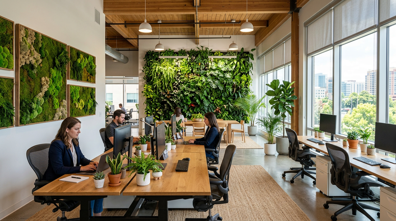 Biophilic office design with natural elements and plants