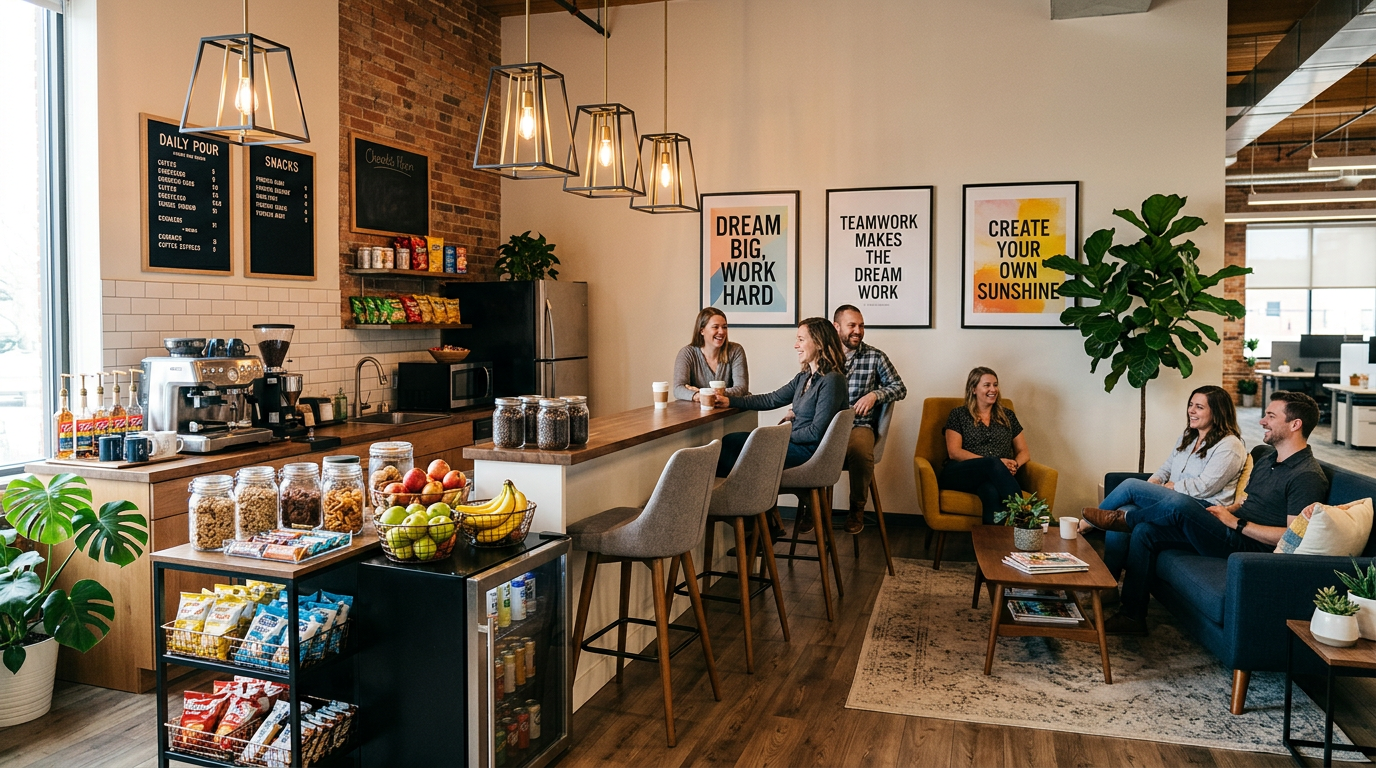 Modern office break room with comfortable lounge seating