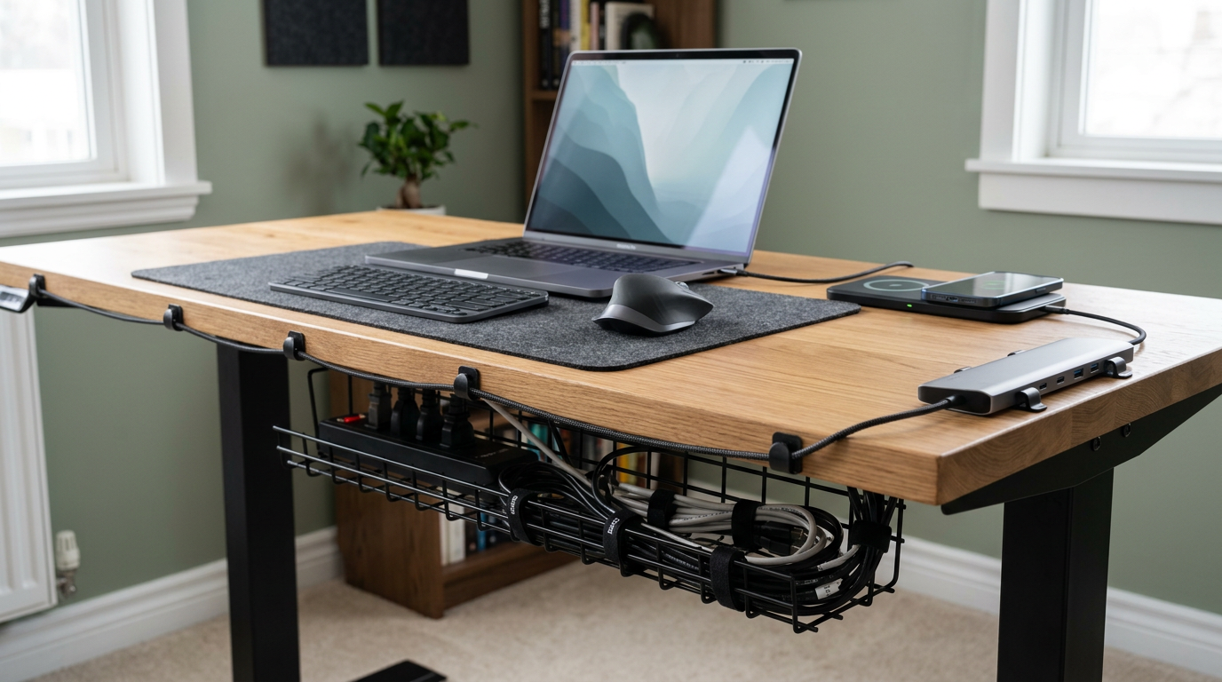 Tech-friendly desk with cable management solutions
