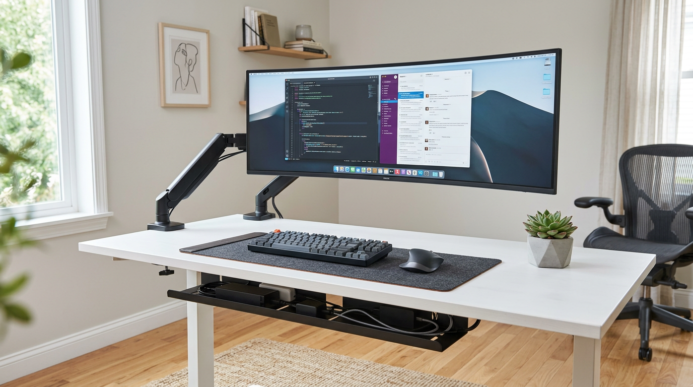 Organized home office desk setup