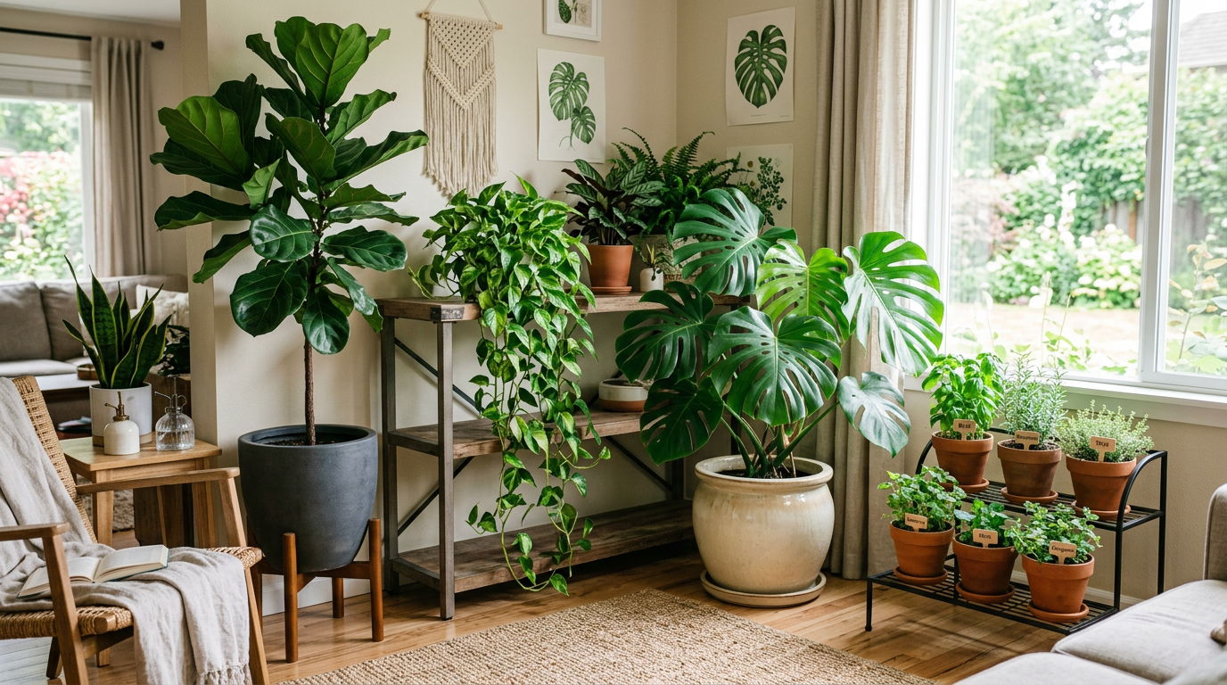 Home office decorated with indoor plants