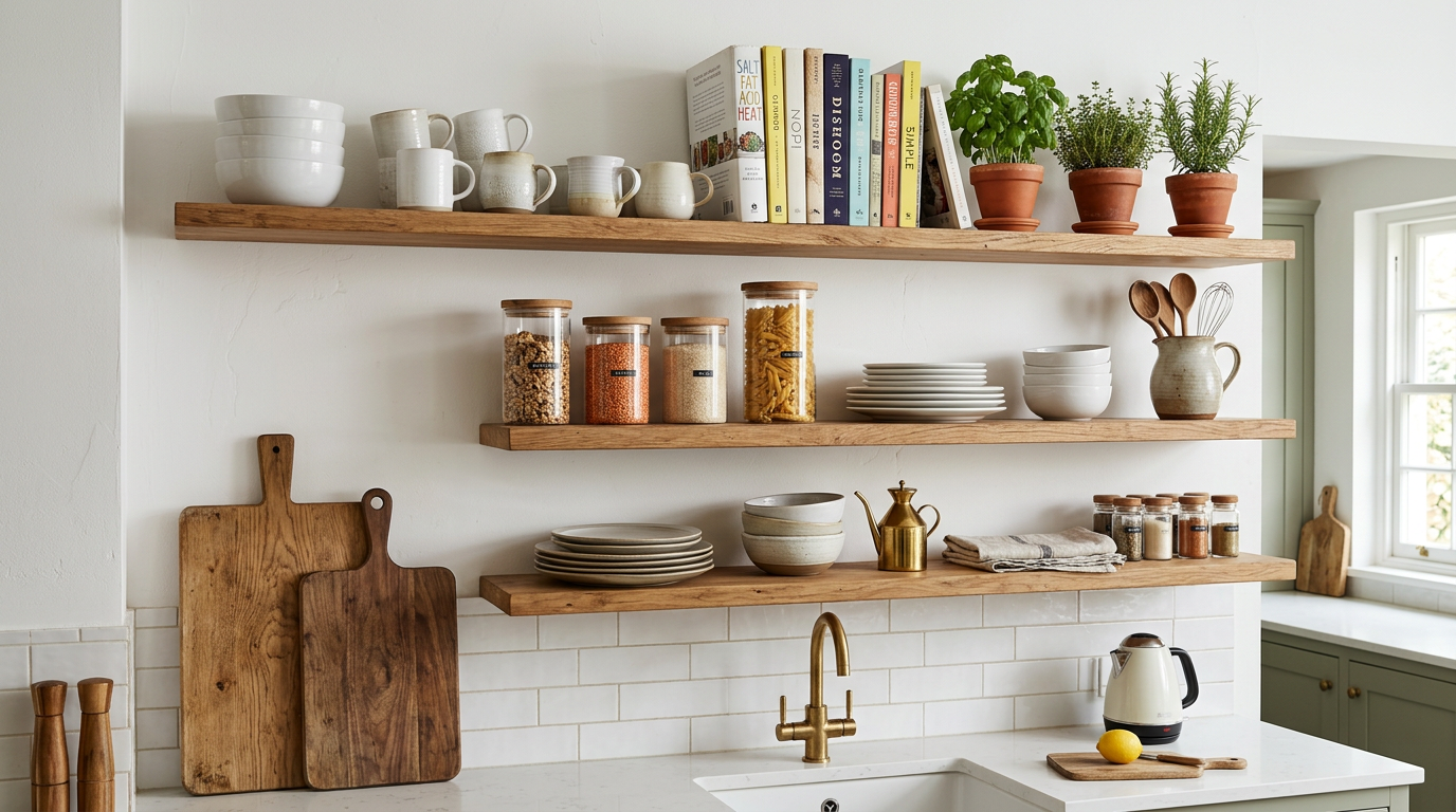 Styled open kitchen shelving display