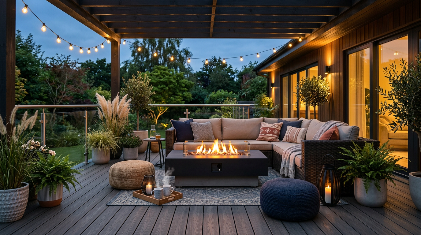 Decorated outdoor deck with seating