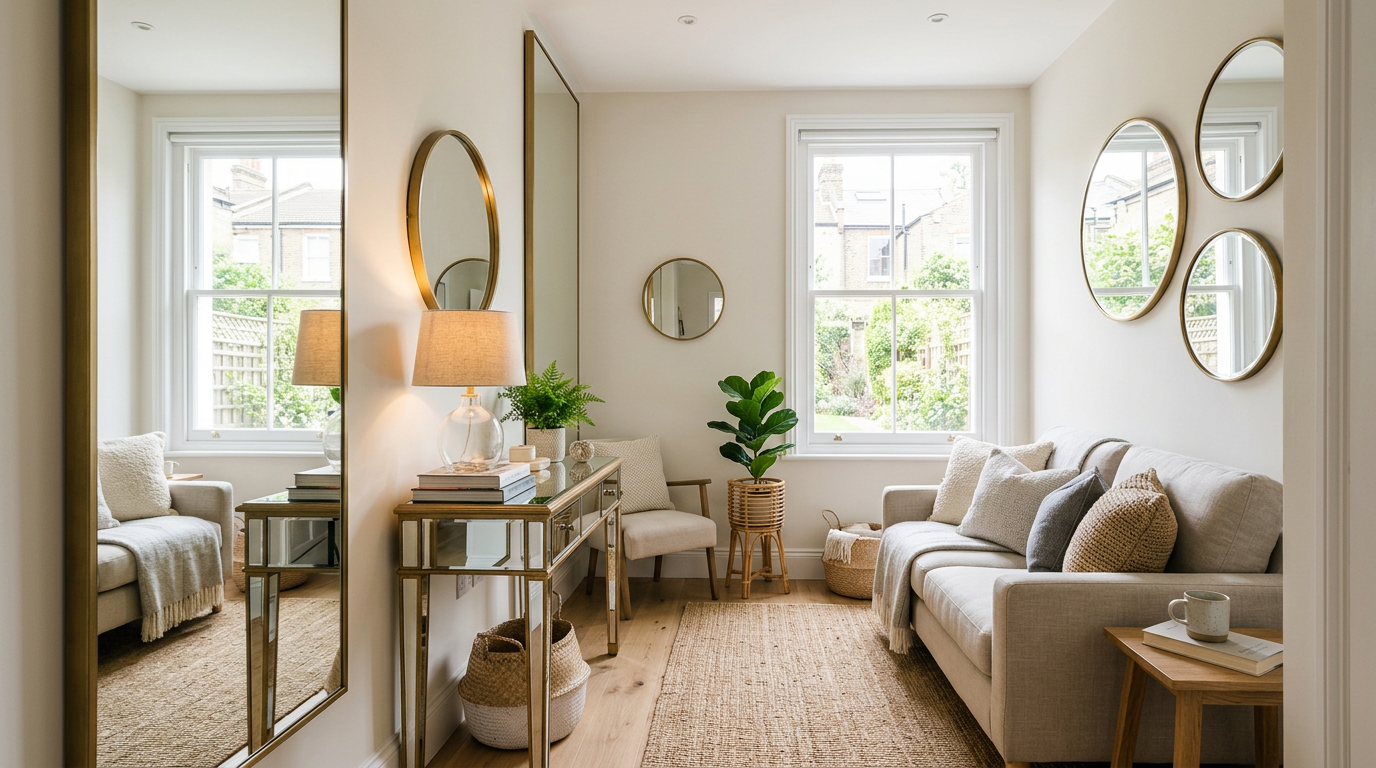 Small room with mirrors creating illusion of space